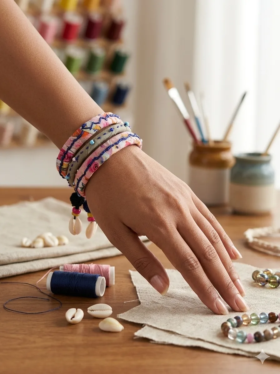 fabric-wrapped-bangles-cowrie-shell-wrist-stack Jhinuk - Fabric Wrapped Bangles with Cowrie Shell - Image 1