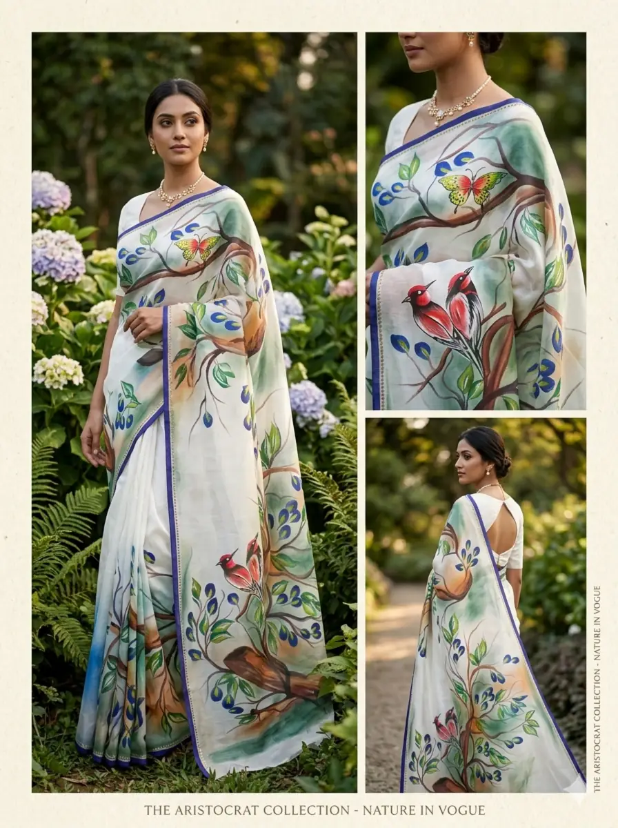 hand-painted-bird-floral-white-saree-lookbook Pakhi - Hand-Painted Muslin Saree in Ivory - Image 1