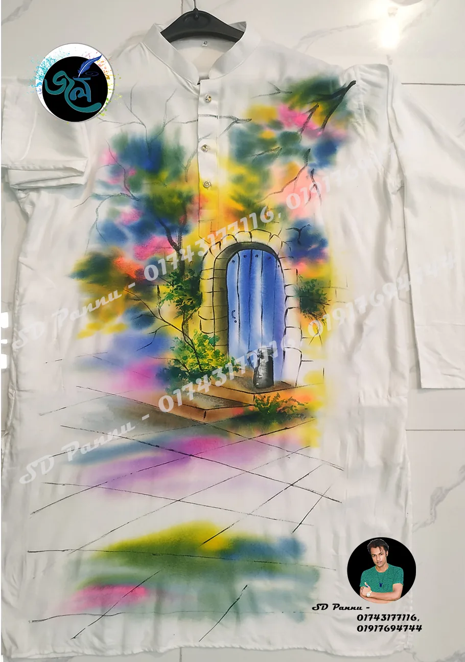 hand-painted-white-panjabi-blue-door-flower-scene Neel Dorja - Hand-Painted Panjabi in White - Image 1