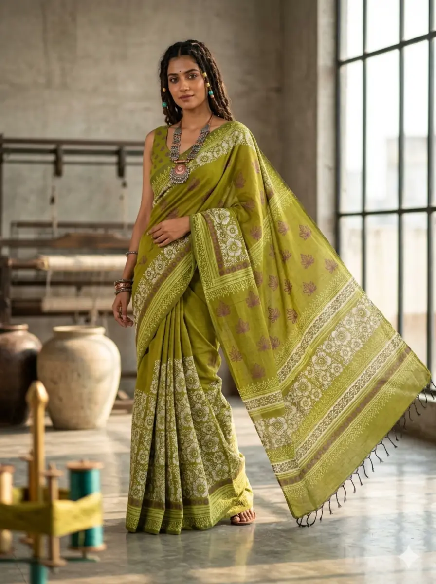 olive-green-cotton-saree-handloom-backdrop Maati - Cotton Handloom Saree in Olive - Image 1