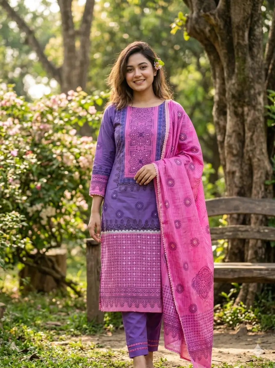 purple-pink-block-print-three-piece-salwar-kameez Nakshi - Block Print Three Piece, Purple and Pink - Image 1