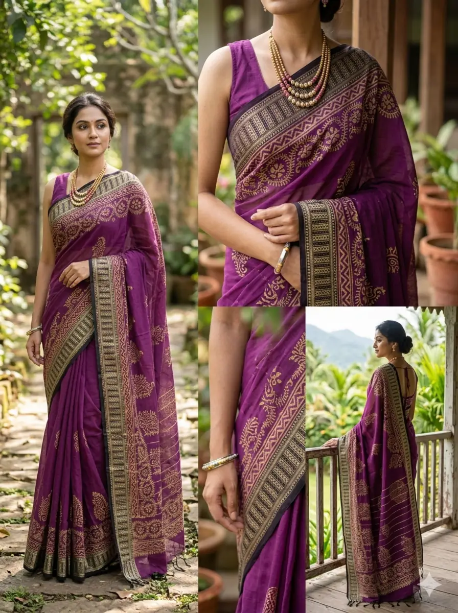 purple-silk-saree-zari-border Bakul - Silk Saree with Zari Border in Purple - Image 1