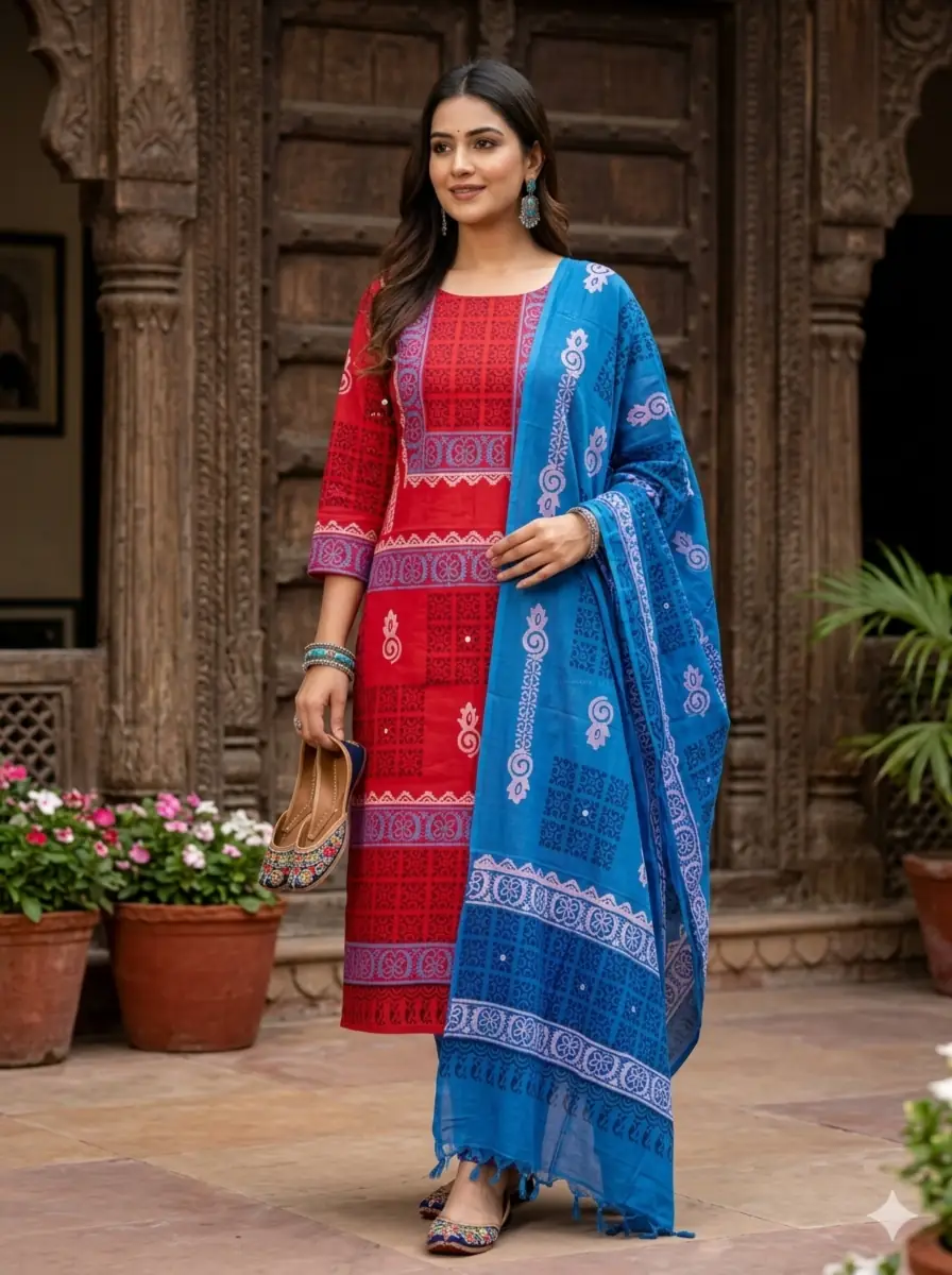 red-blue-block-print-three-piece-salwar-kameez Rongdhonu - Red and Blue Block Print Three Piece - Image 1