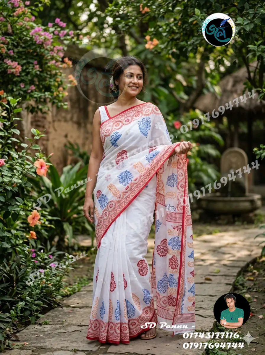 white-red-printed-cotton-saree-garden Alpona - Red and White Block Print Cotton Saree - Image 1